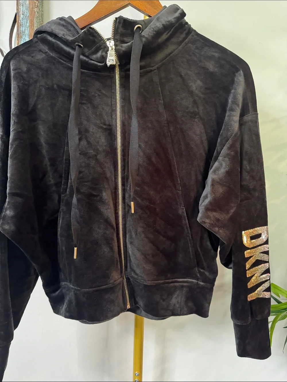DKNY Black Velvet Hoodie with Gold and silver sequins Logo Sleeve EUC